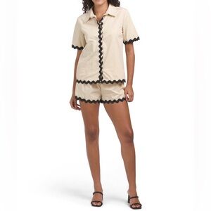 SWEET GENERIS 2pc Short Sleeve Top & Shorts Set With Ric Rac Trim Beige/Black Sm